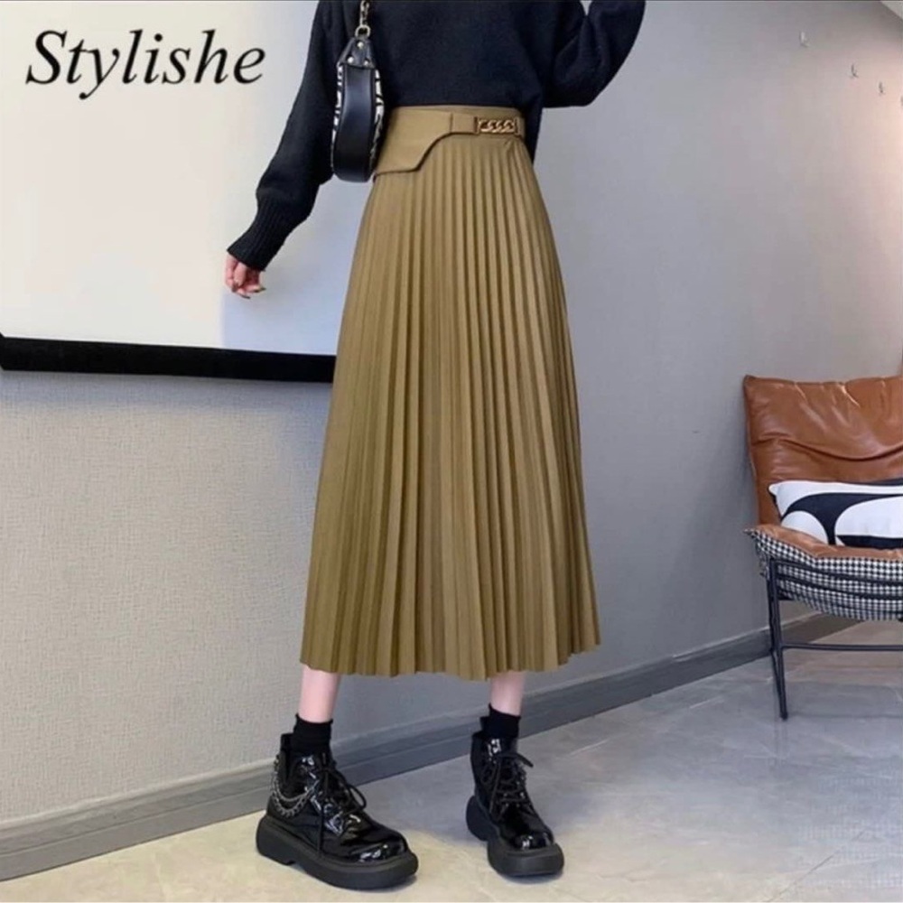 Olive Green Pleated Maxi Skirt